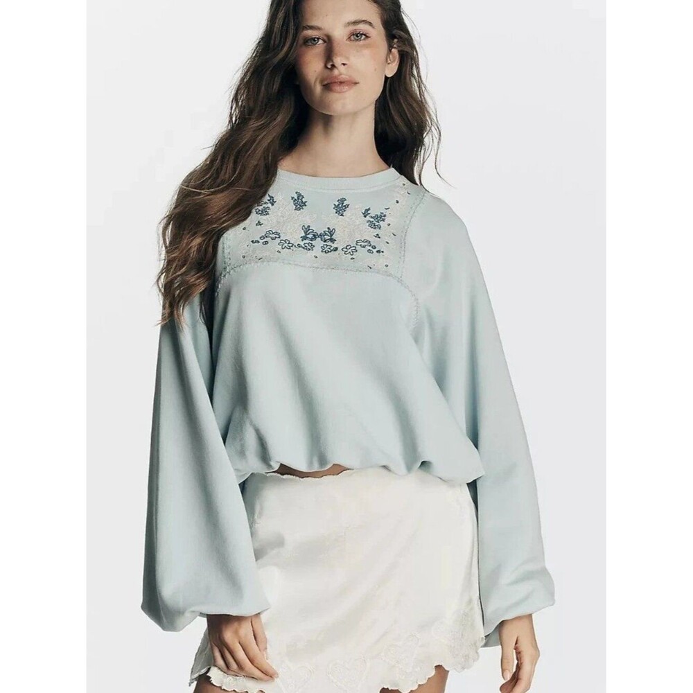 By Anthropologie Boho Balloon-Sleeve Pullover Top Floral Embroidered S 290458